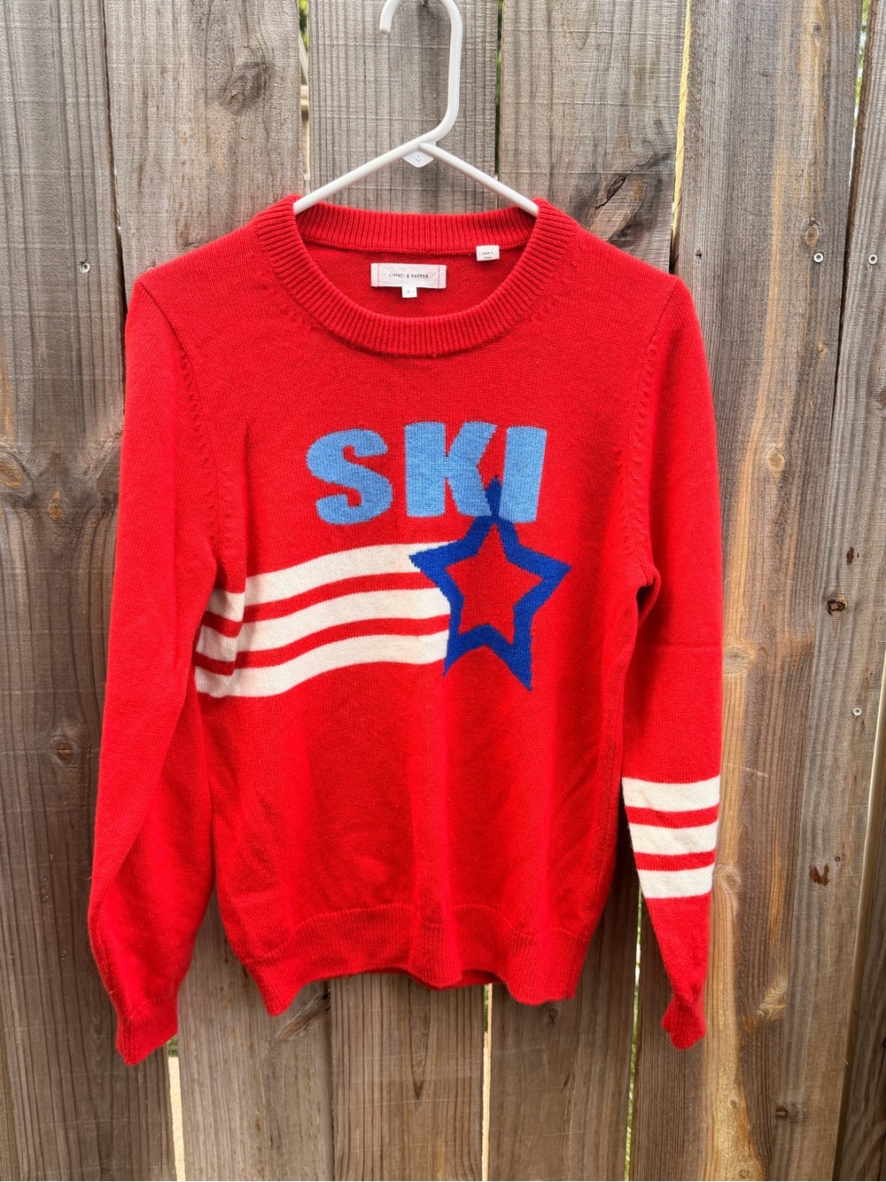 Chinti & Parker Red Crewneck Sweater with Blue 'SKI' Graphic Cashmere blend L